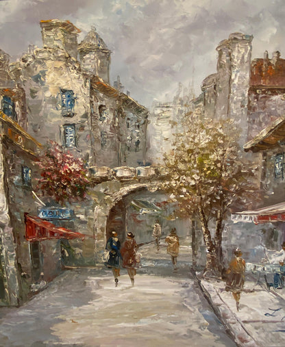 Louis Basset Paris Montmartre Street Scene Oil Painting, Café Terrace, Framed — detail 5
