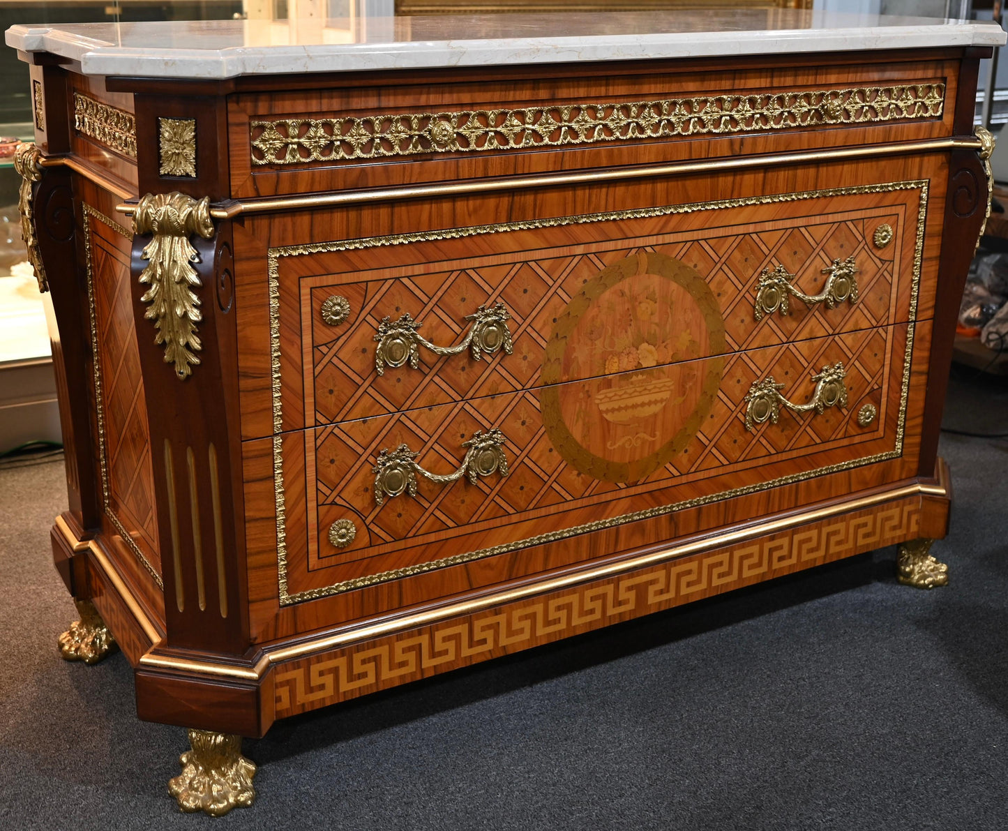 Louis XVI Style Ormolu Mounted Commode with Italian White Marble Top — detail 2