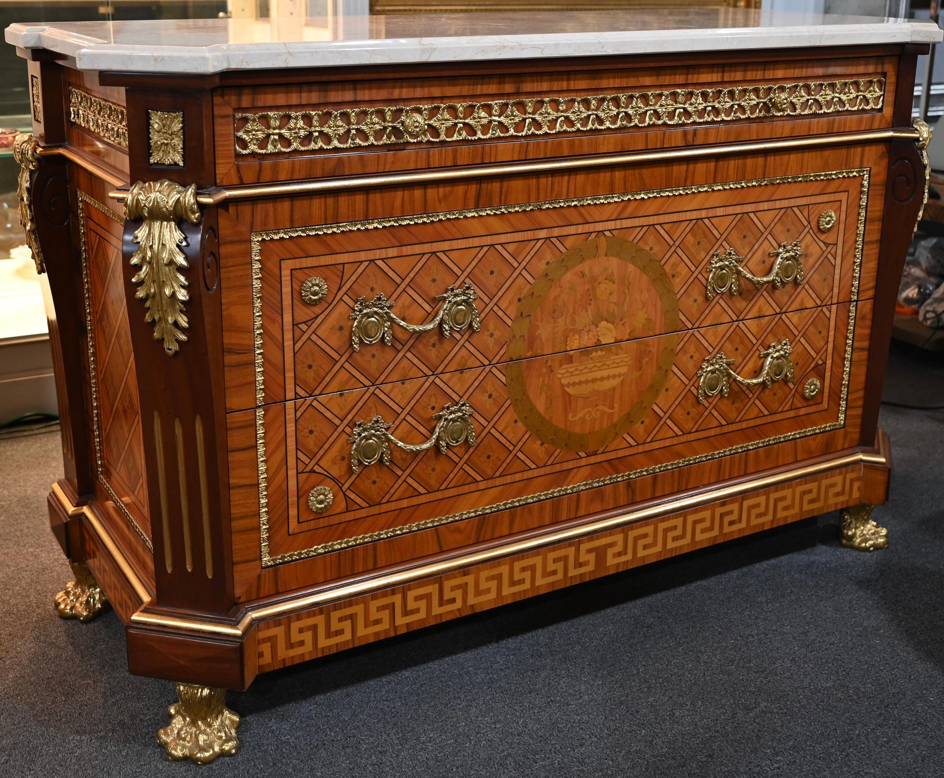 Louis XVI Style Ormolu Mounted Commode with Italian White Marble Top — detail 2