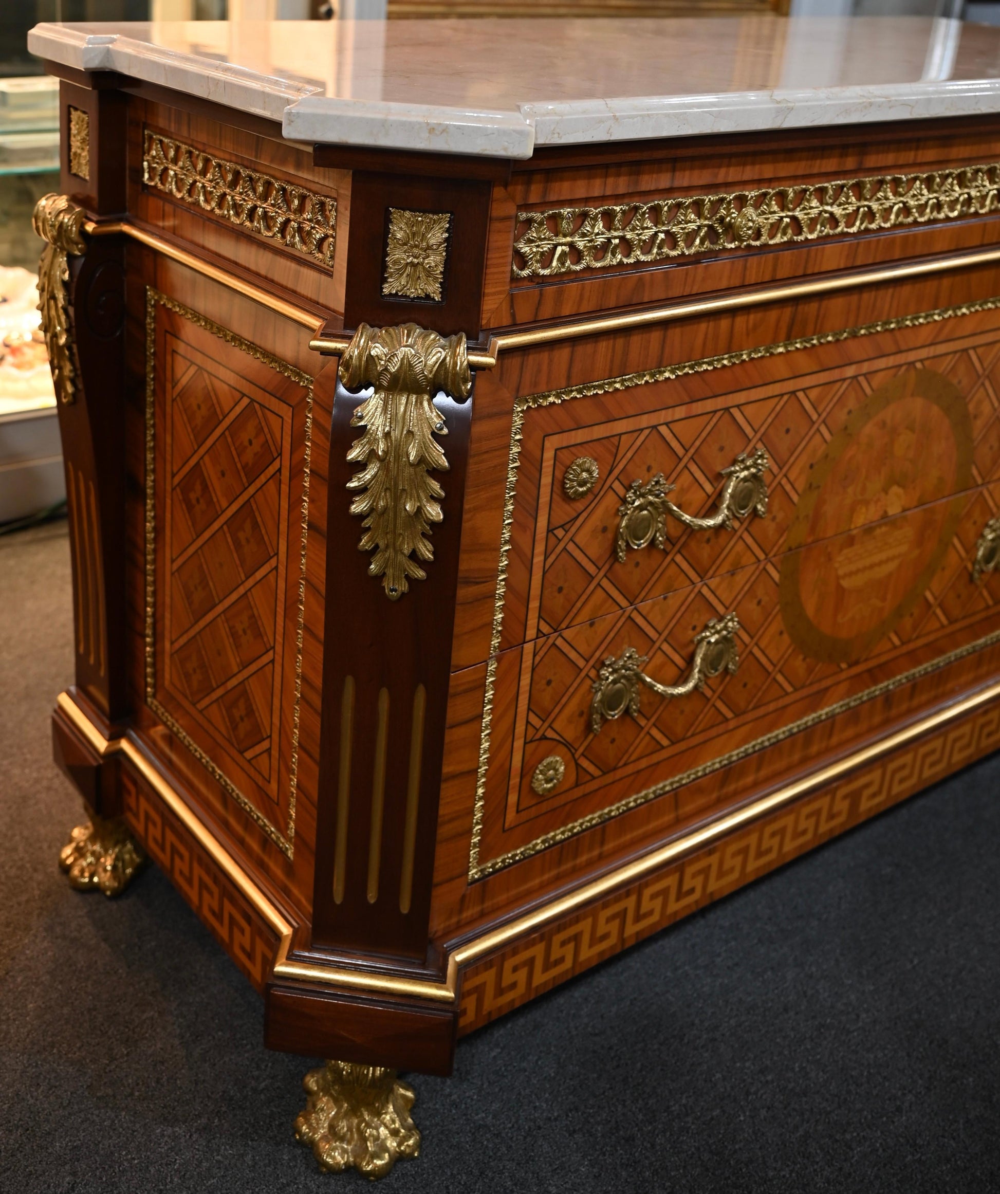 Louis XVI Style Ormolu Mounted Commode with Italian White Marble Top — detail 3
