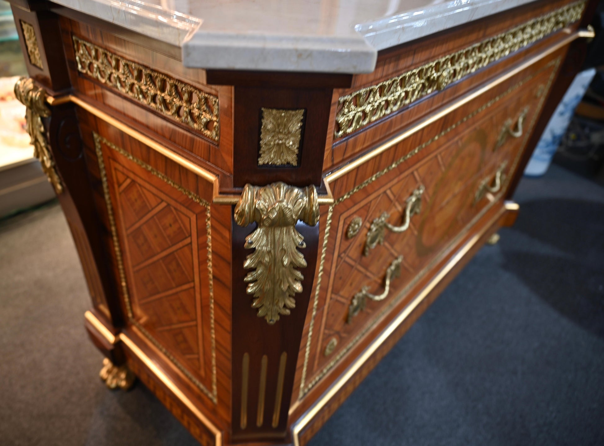 Louis XVI Style Ormolu Mounted Commode with Italian White Marble Top — detail 6