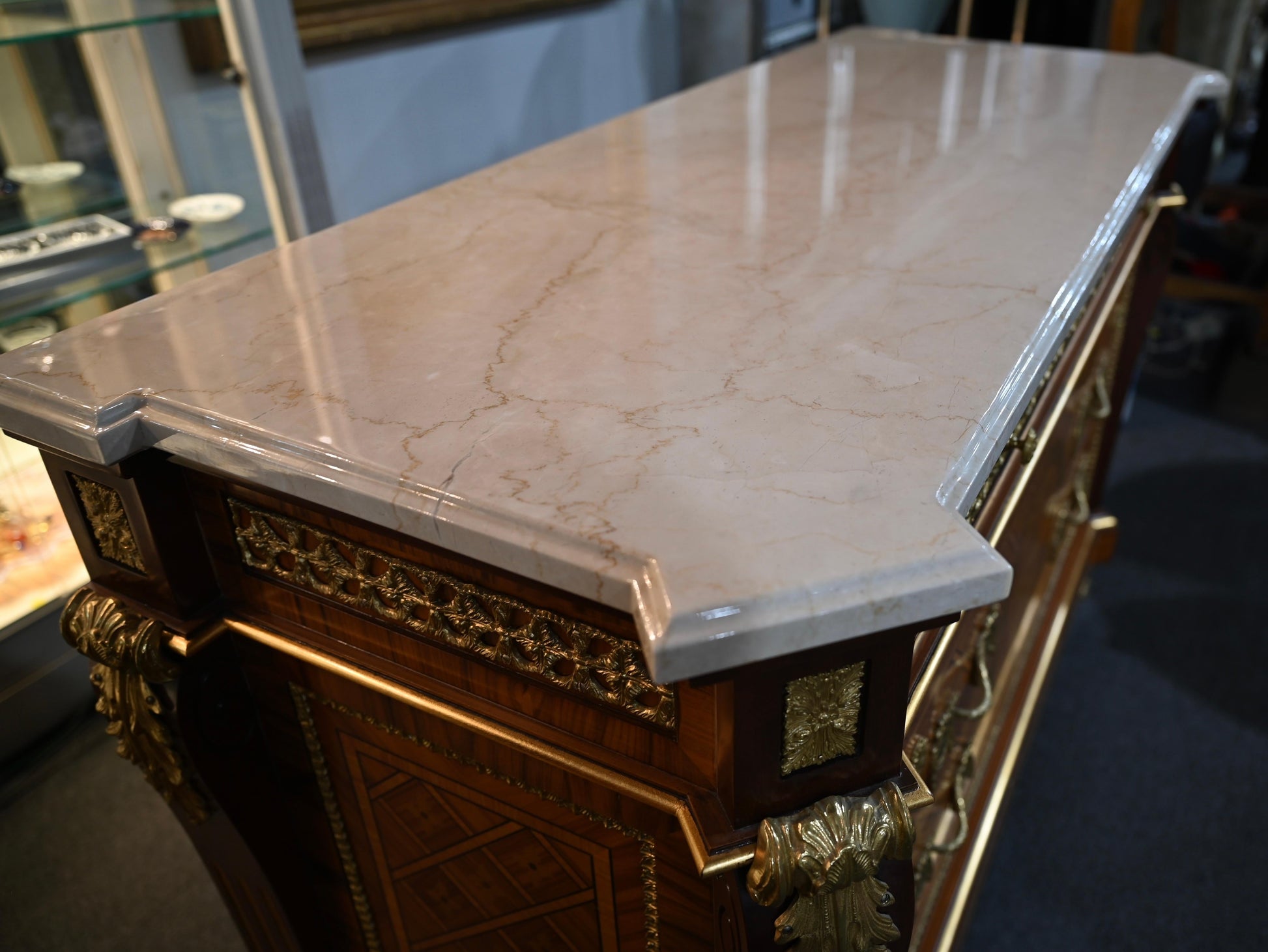 Louis XVI Style Ormolu Mounted Commode with Italian White Marble Top — detail 7