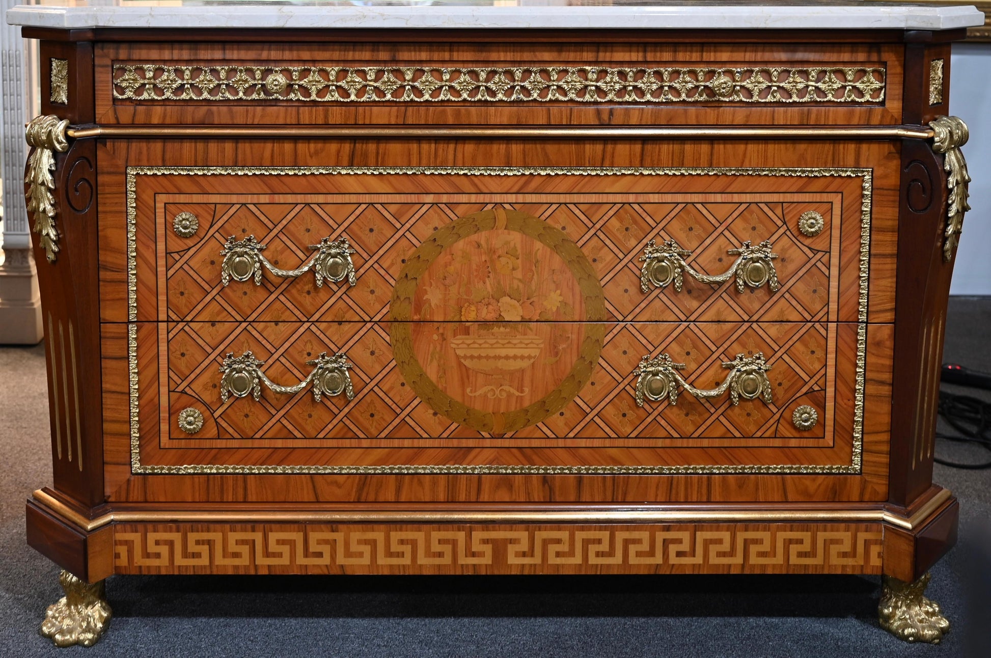 Louis XVI Style Ormolu Mounted Commode with Italian White Marble Top — detail 8