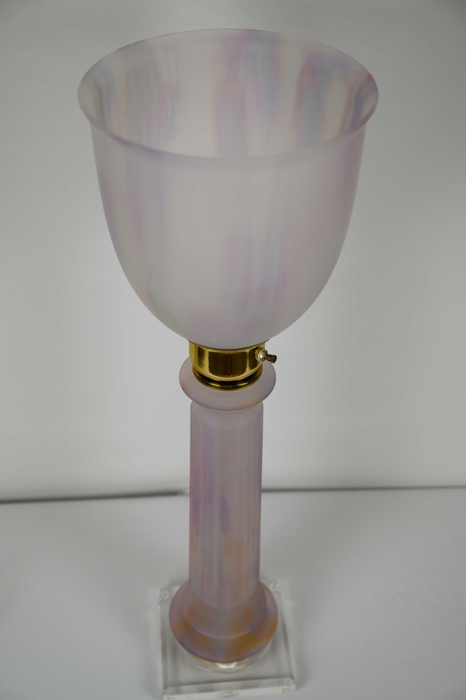 French Art Deco Table Lamp by Mazda Brass and Pale Pink Opaline — detail 4