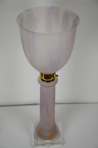 French Art Deco Table Lamp by Mazda Brass and Pale Pink Opaline — detail 4