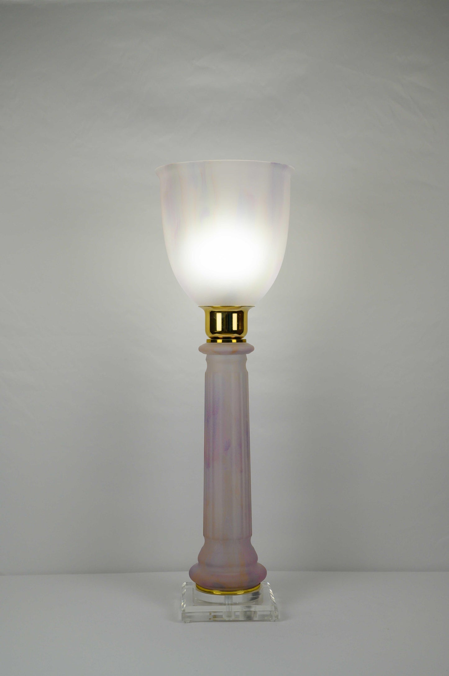 French Art Deco Table Lamp by Mazda Brass and Pale Pink Opaline — detail 5