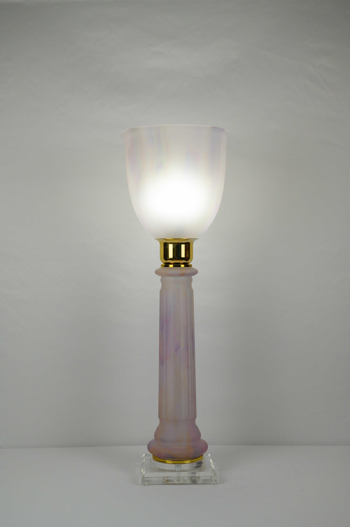 French Art Deco Table Lamp by Mazda Brass and Pale Pink Opaline — detail 5