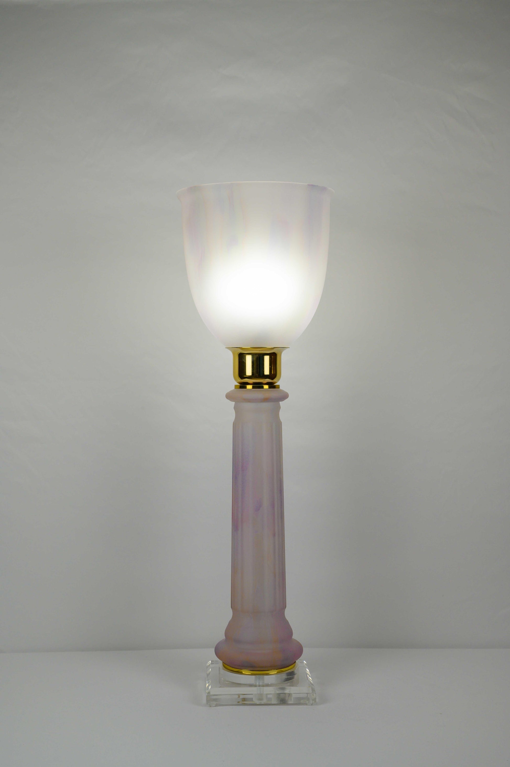 French Art Deco Table Lamp by Mazda Brass and Pale Pink Opaline — detail 5
