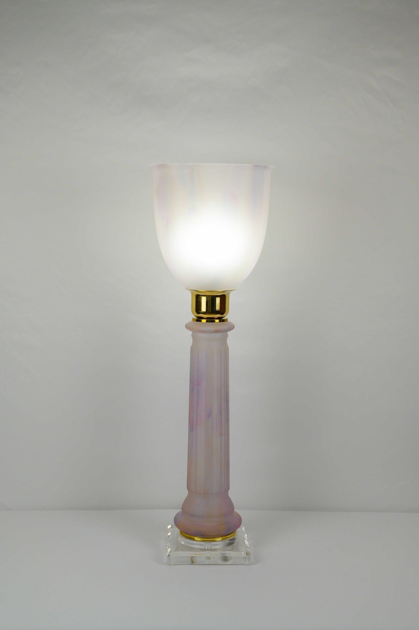 French Art Deco Table Lamp by Mazda Brass and Pale Pink Opaline — detail 2