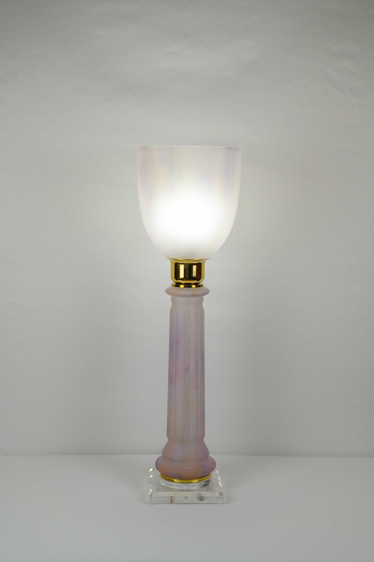 French Art Deco Table Lamp by Mazda Brass and Pale Pink Opaline — detail 2