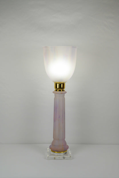 French Art Deco Table Lamp by Mazda Brass and Pale Pink Opaline — detail 2