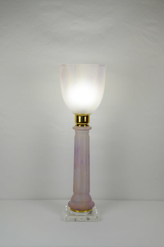 French Art Deco Table Lamp by Mazda Brass and Pale Pink Opaline — detail 2