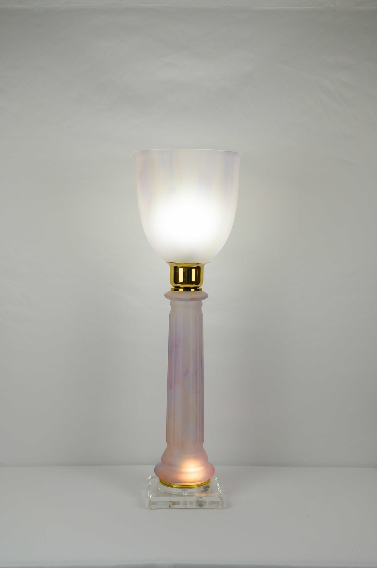French Art Deco Table Lamp by Mazda Brass and Pale Pink Opaline — detail 6