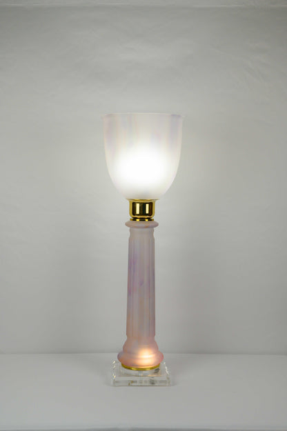 French Art Deco Table Lamp by Mazda Brass and Pale Pink Opaline — detail 6