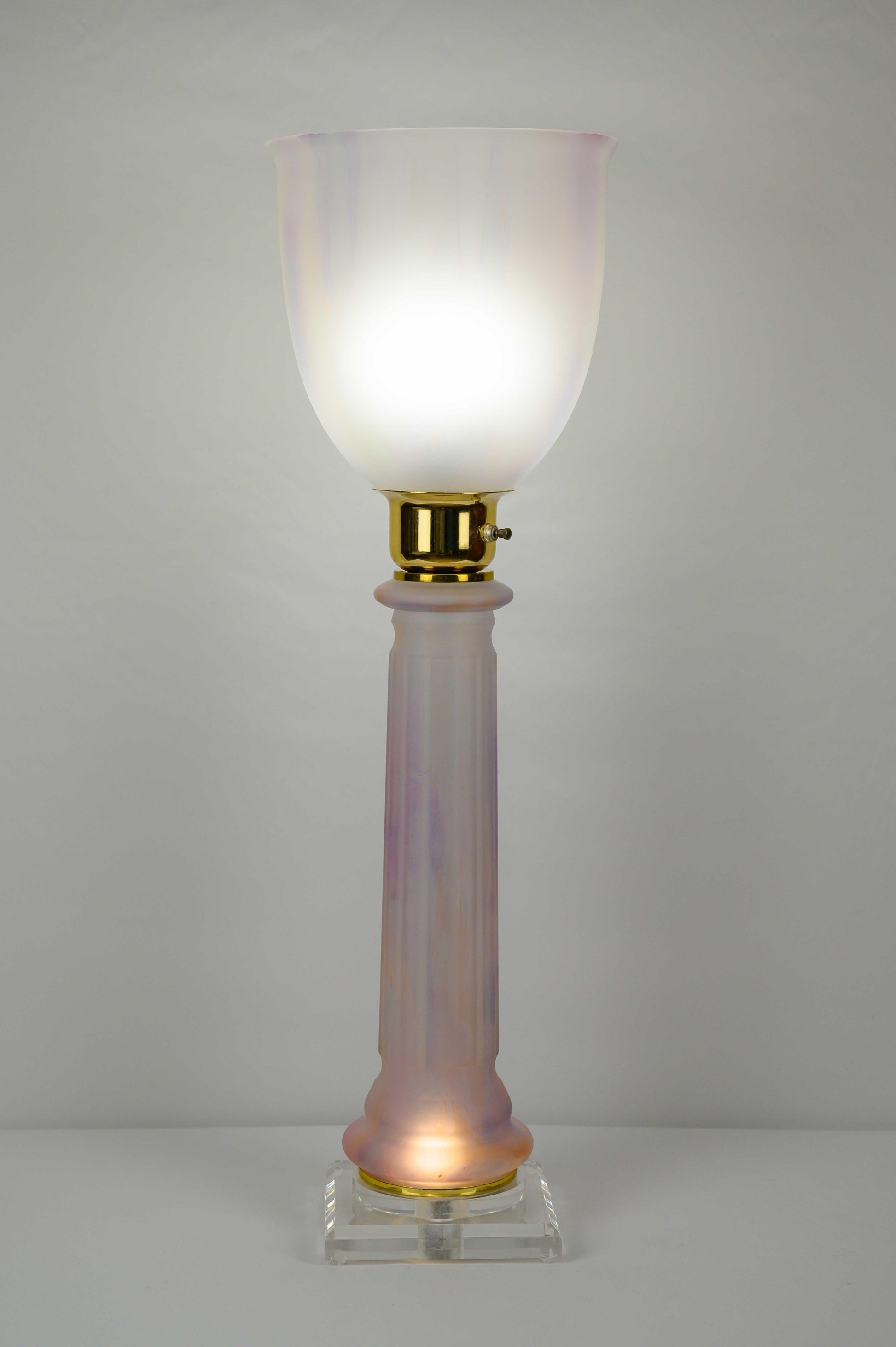 French Art Deco Table Lamp by Mazda Brass and Pale Pink Opaline — detail 8