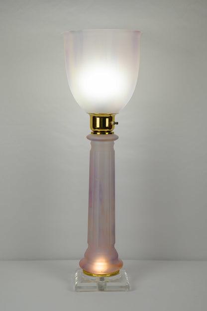 French Art Deco Table Lamp by Mazda Brass and Pale Pink Opaline — detail 8
