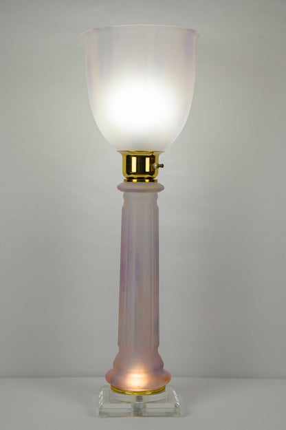 French Art Deco Table Lamp by Mazda Brass and Pale Pink Opaline — detail 9