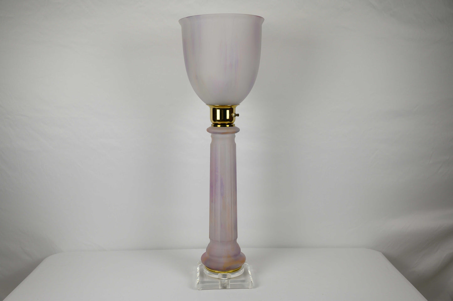 French Art Deco Table Lamp by Mazda Brass and Pale Pink Opaline — detail 7