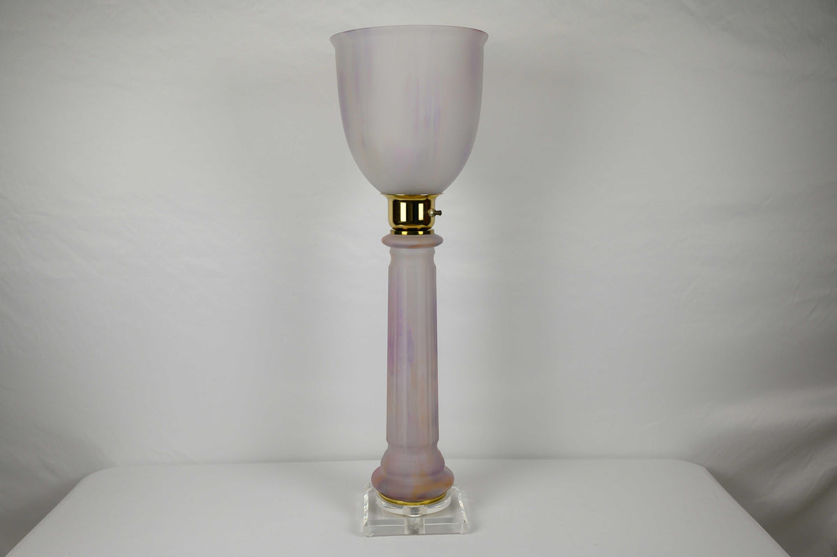 French Art Deco Table Lamp by Mazda Brass and Pale Pink Opaline — detail 7