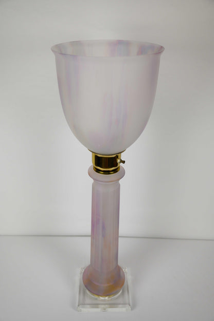 French Art Deco Table Lamp by Mazda Brass and Pale Pink Opaline — detail 10