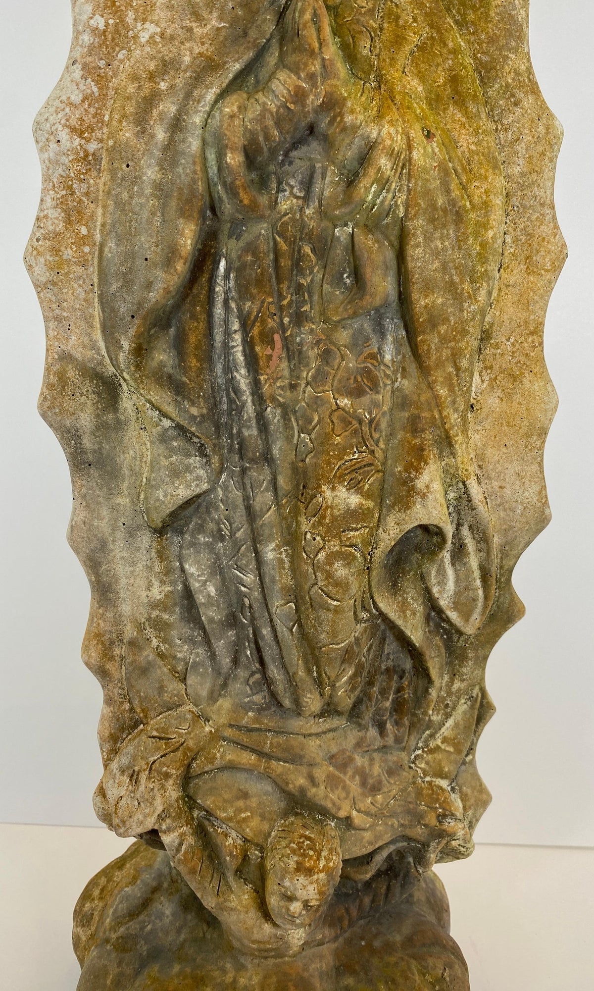 French Madonna & Child Cast Stone Garden Sculpture, Devotional Figure w/Serpent — detail 5