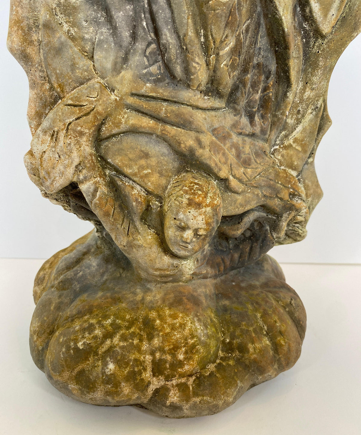 French Madonna & Child Cast Stone Garden Sculpture, Devotional Figure w/Serpent — detail 3