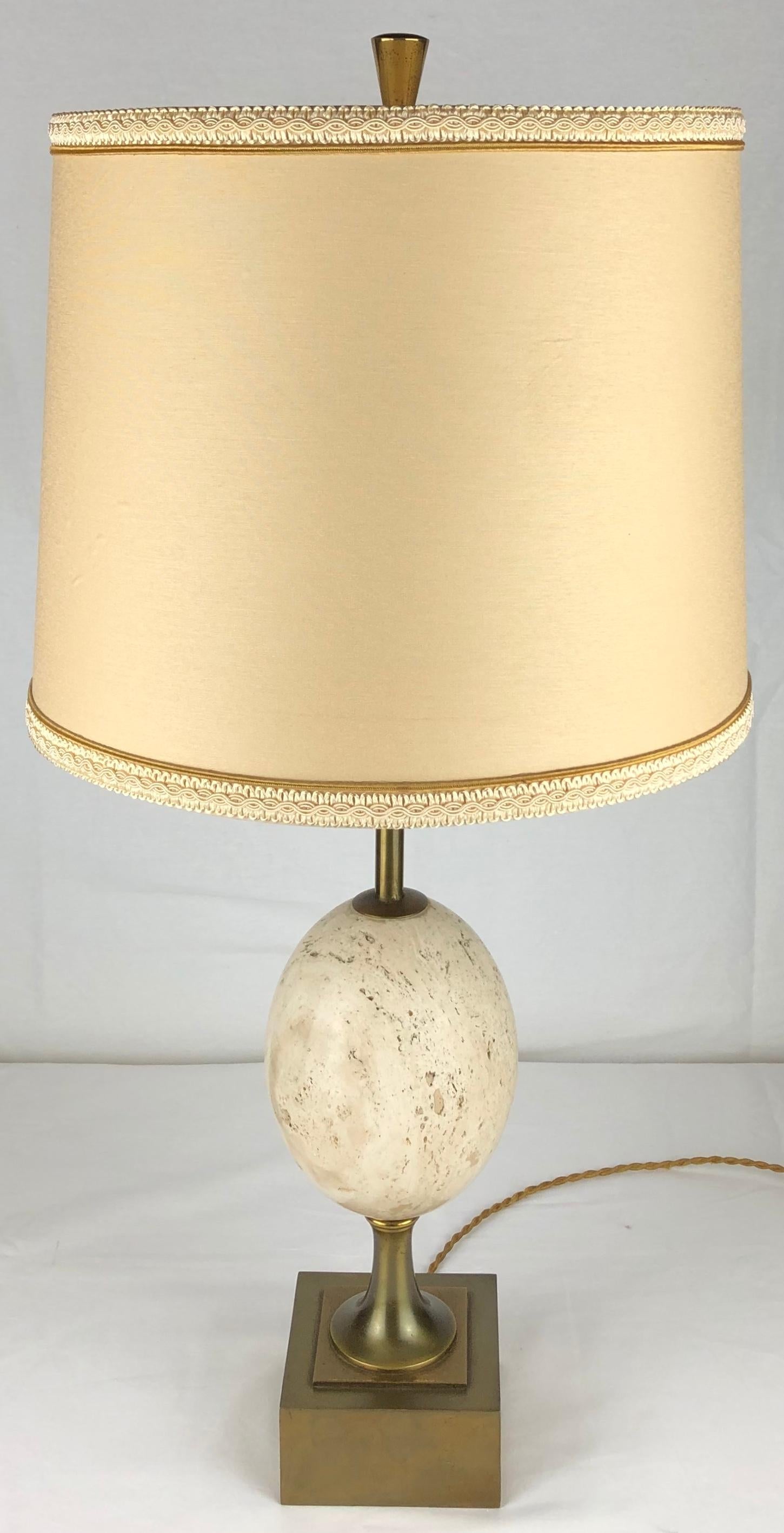 Maison Charles Travertine Table Lamp with Brass Mounts, Signed — detail 6