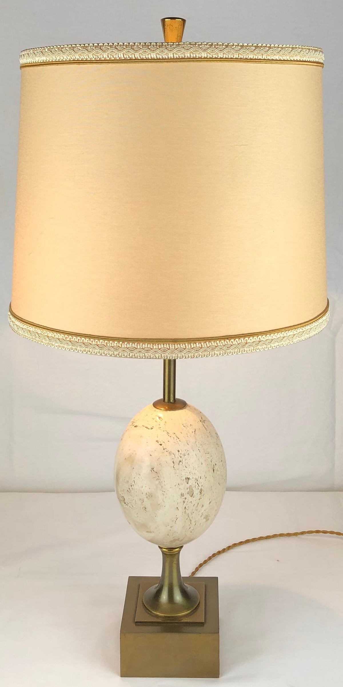 Maison Charles Travertine Table Lamp with Brass Mounts, Signed — detail 4