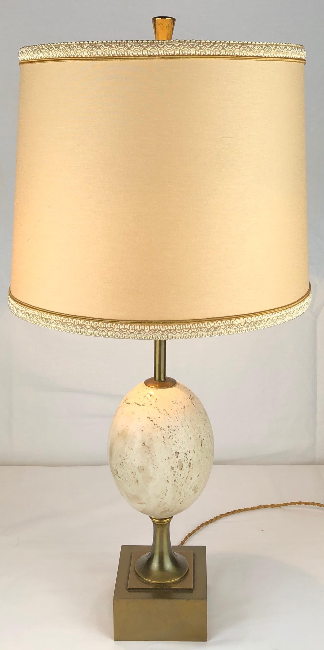 Maison Charles Travertine Table Lamp with Brass Mounts, Signed — detail 4