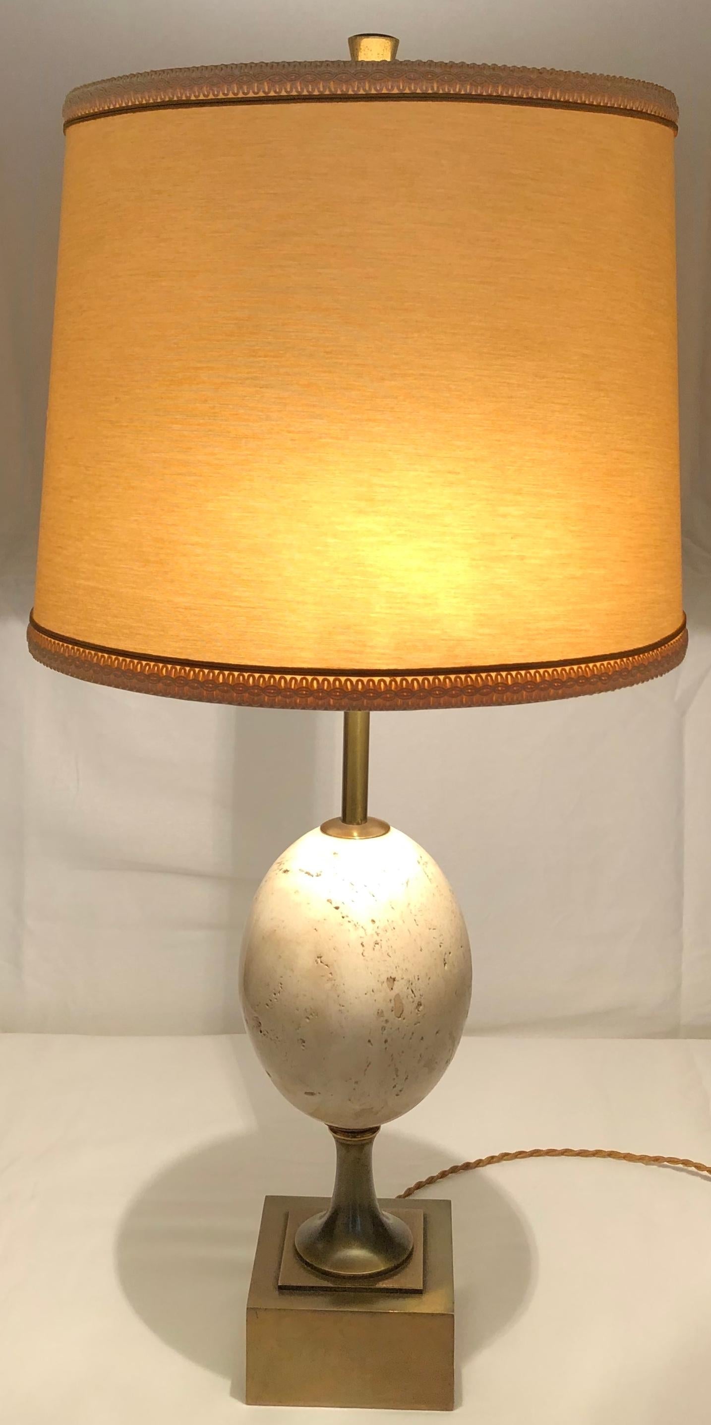 Maison Charles Travertine Table Lamp with Brass Mounts, Signed — detail 2
