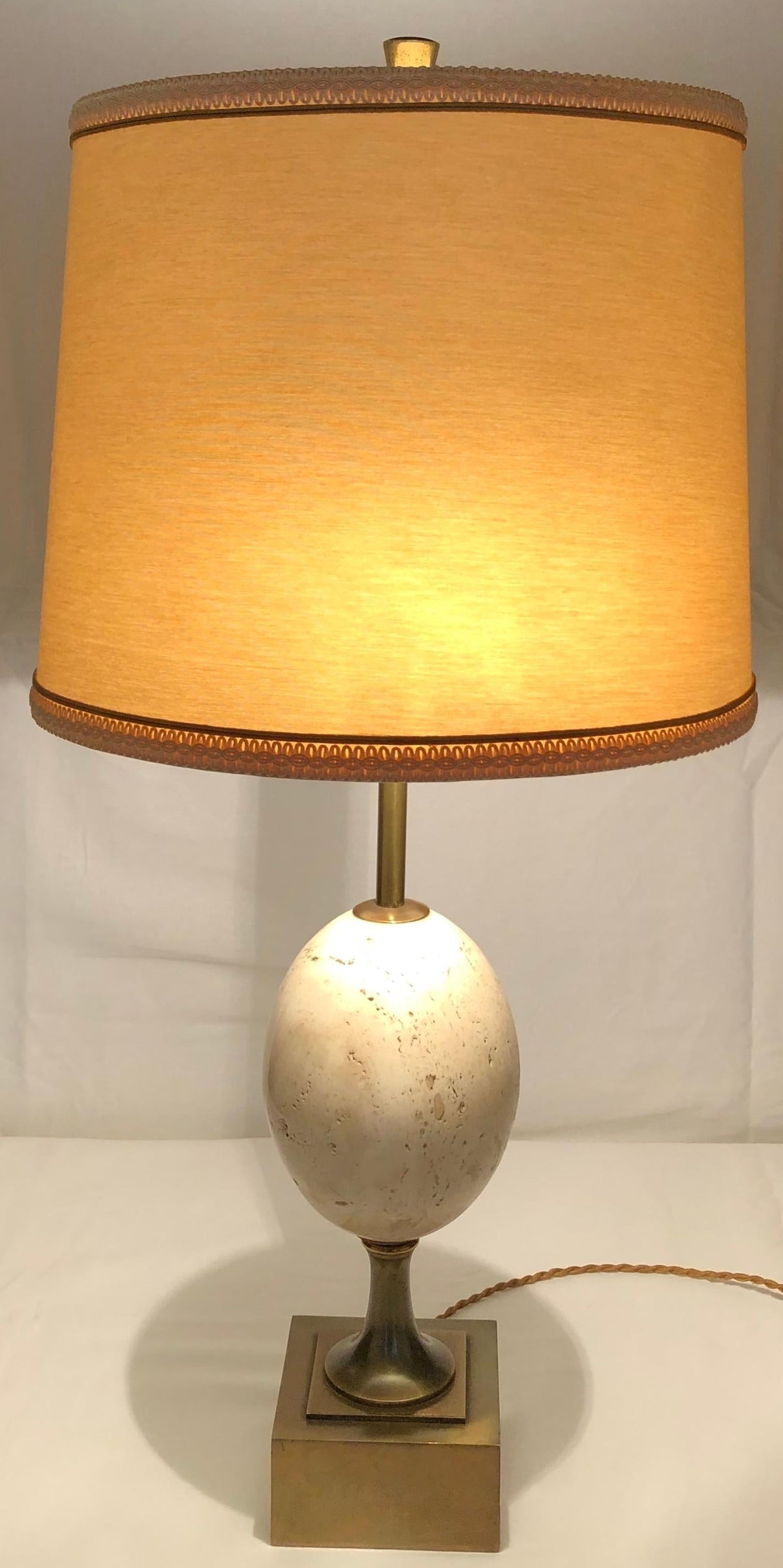 Maison Charles Travertine Table Lamp with Brass Mounts, Signed — detail 2