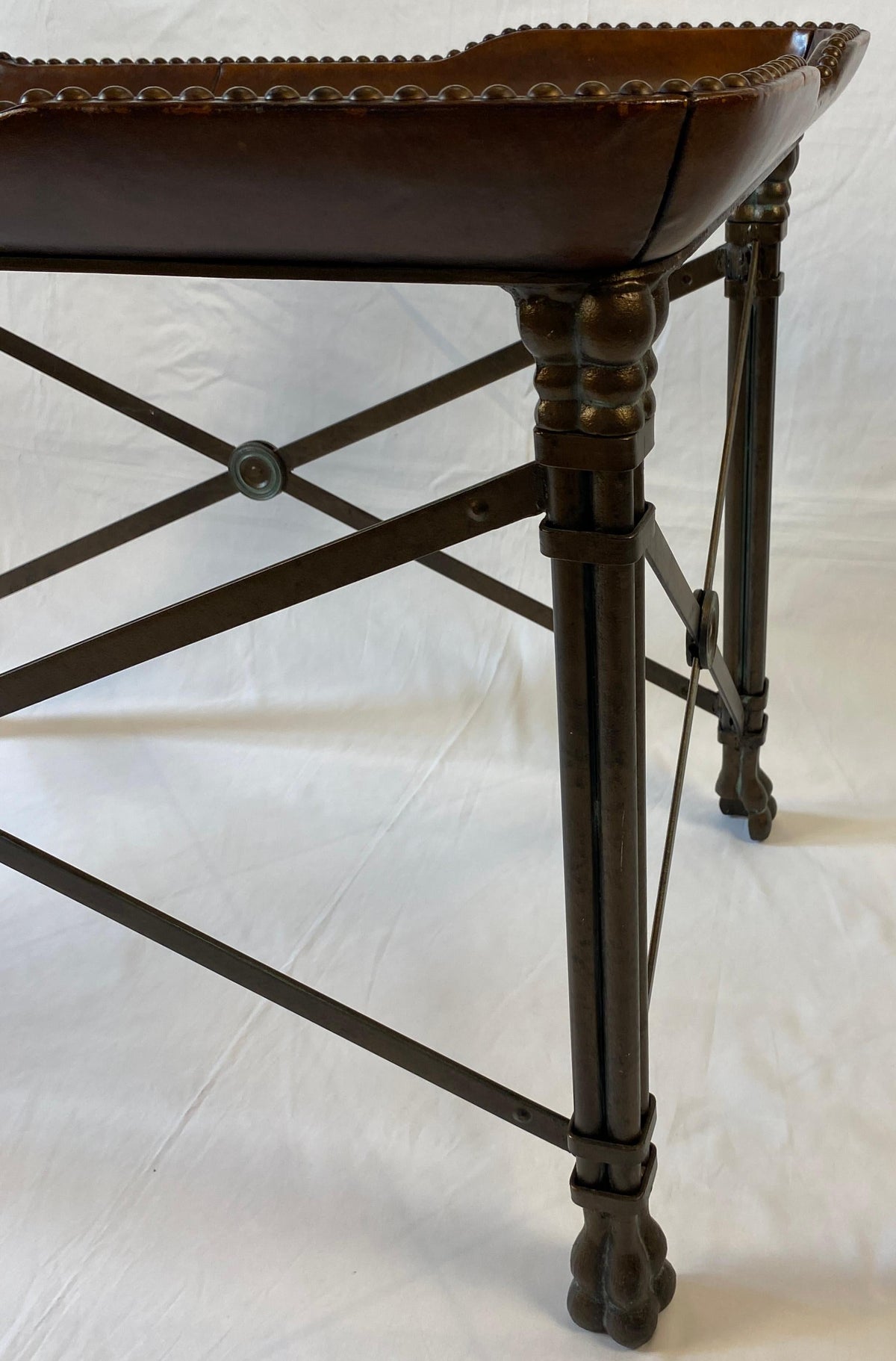 Maitland Smith Side Table, Leather Brass Nailhead Paw Feet Side Coffee End Table — detail 4