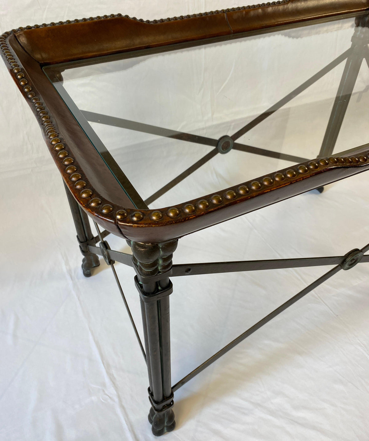 Maitland Smith Side Table, Leather Brass Nailhead Paw Feet Side Coffee End Table — detail 6