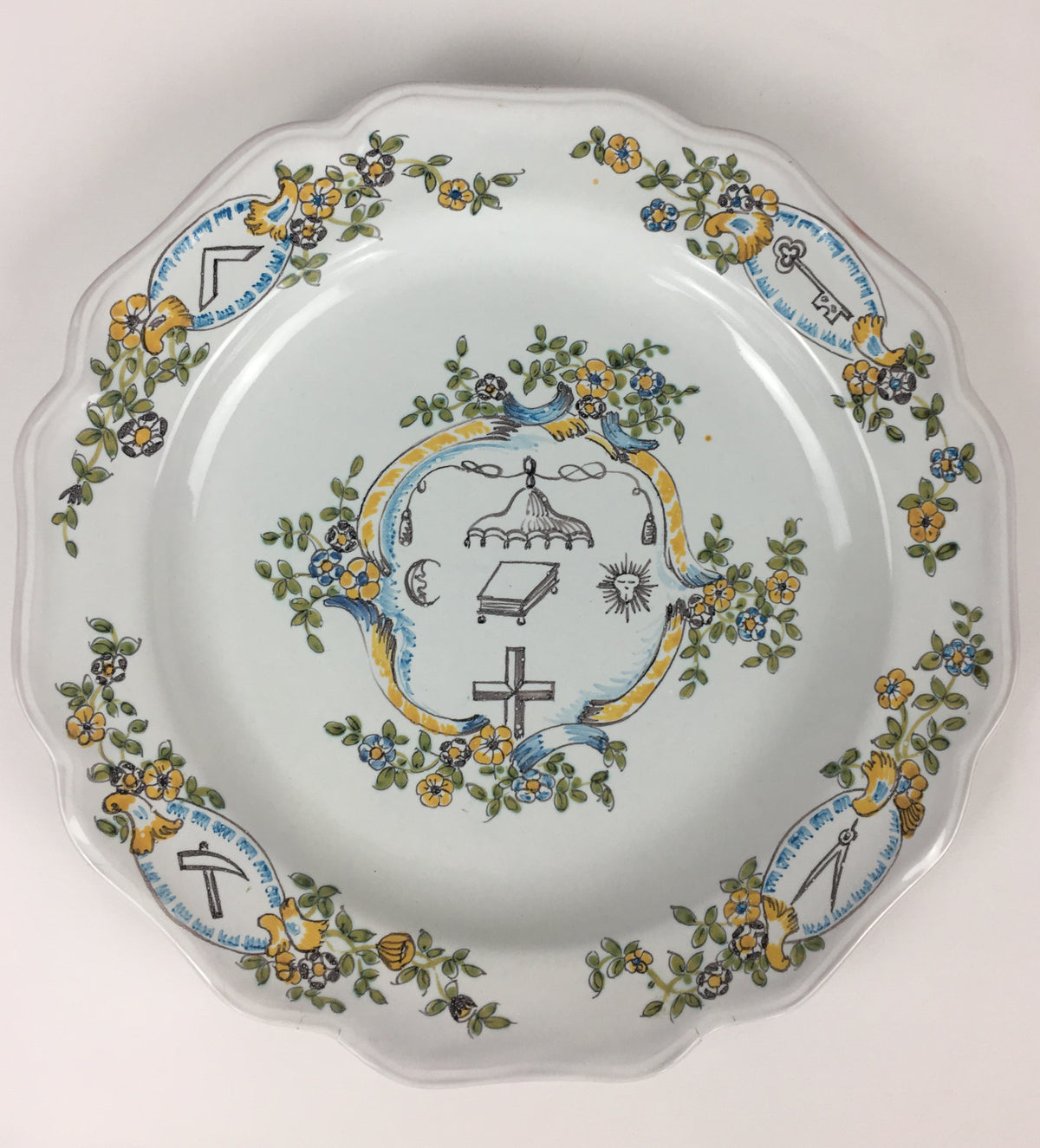 French Hand Painted Porcelain Plate Ceremonial Masonic Plate from Moustiers