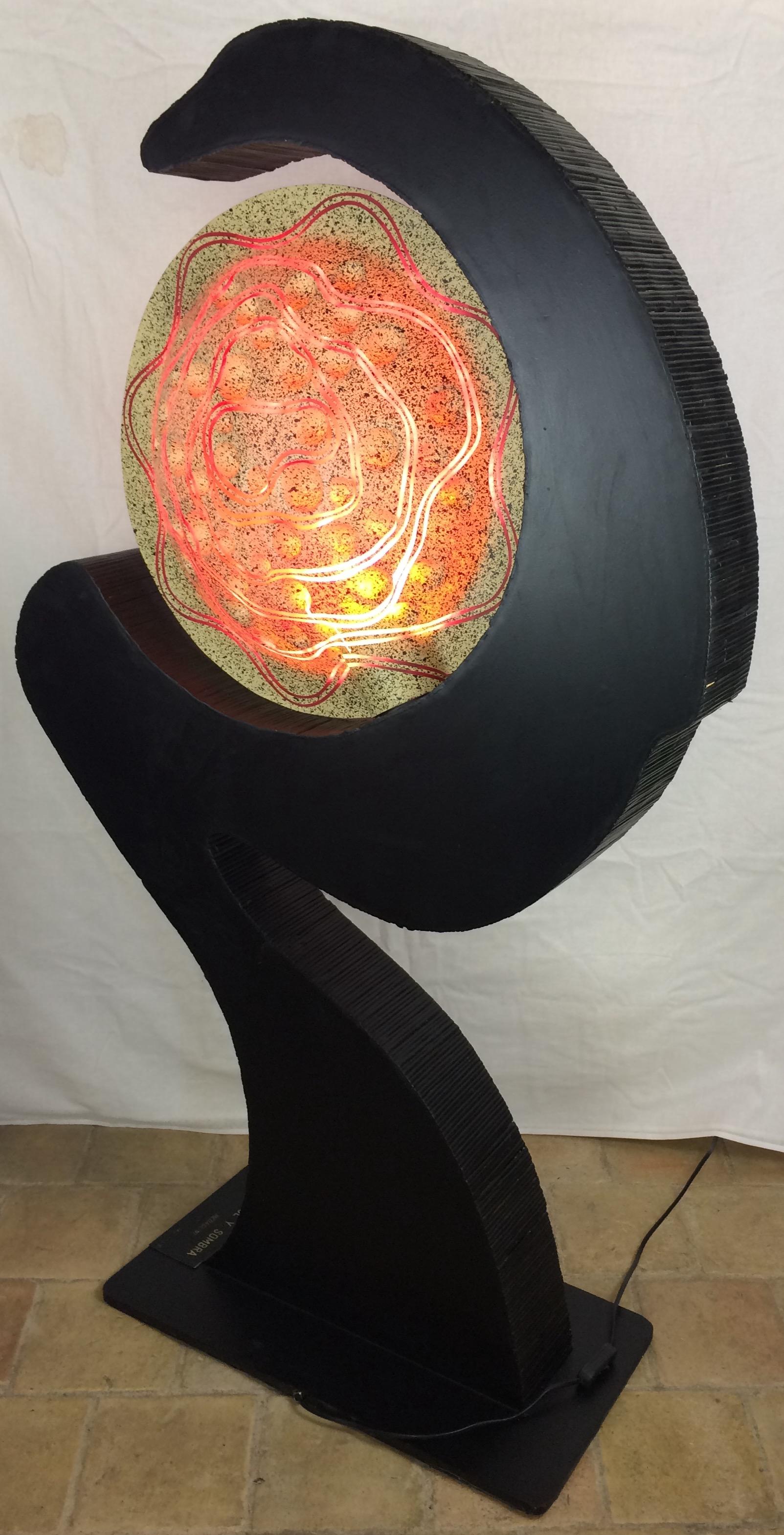Wooden Sculptural Floor Lamp Ebonized Bamboo and Resin Shade — detail 17