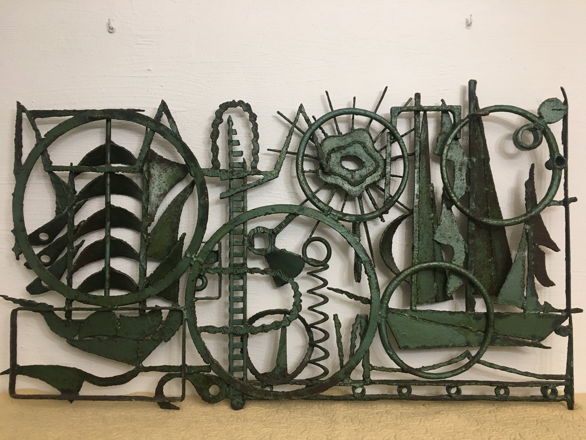 Seascape Themed Iron Sculpture Signed A. Melia, Architectural Wall Art