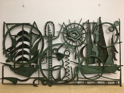 Seascape Themed Iron Sculpture Signed A. Melia, Architectural Wall Art