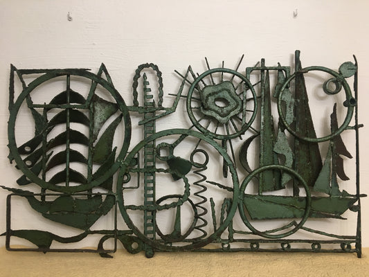 Seascape Themed Iron Sculpture Signed A. Melia, Architectural Wall Art