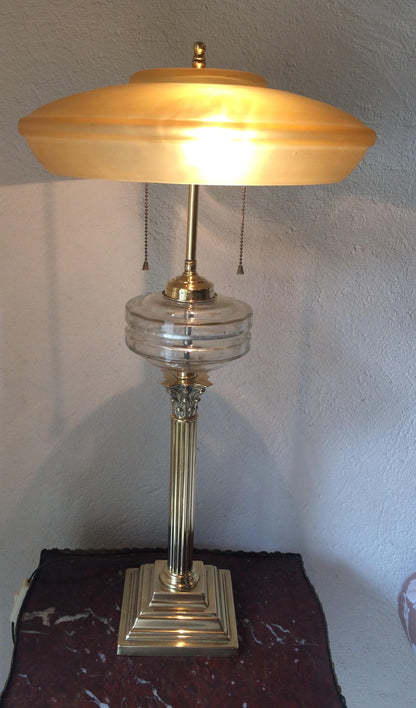 Large Brass Antique English Oil Table Lamp by Samuel S. Messenger, Converted — detail 2