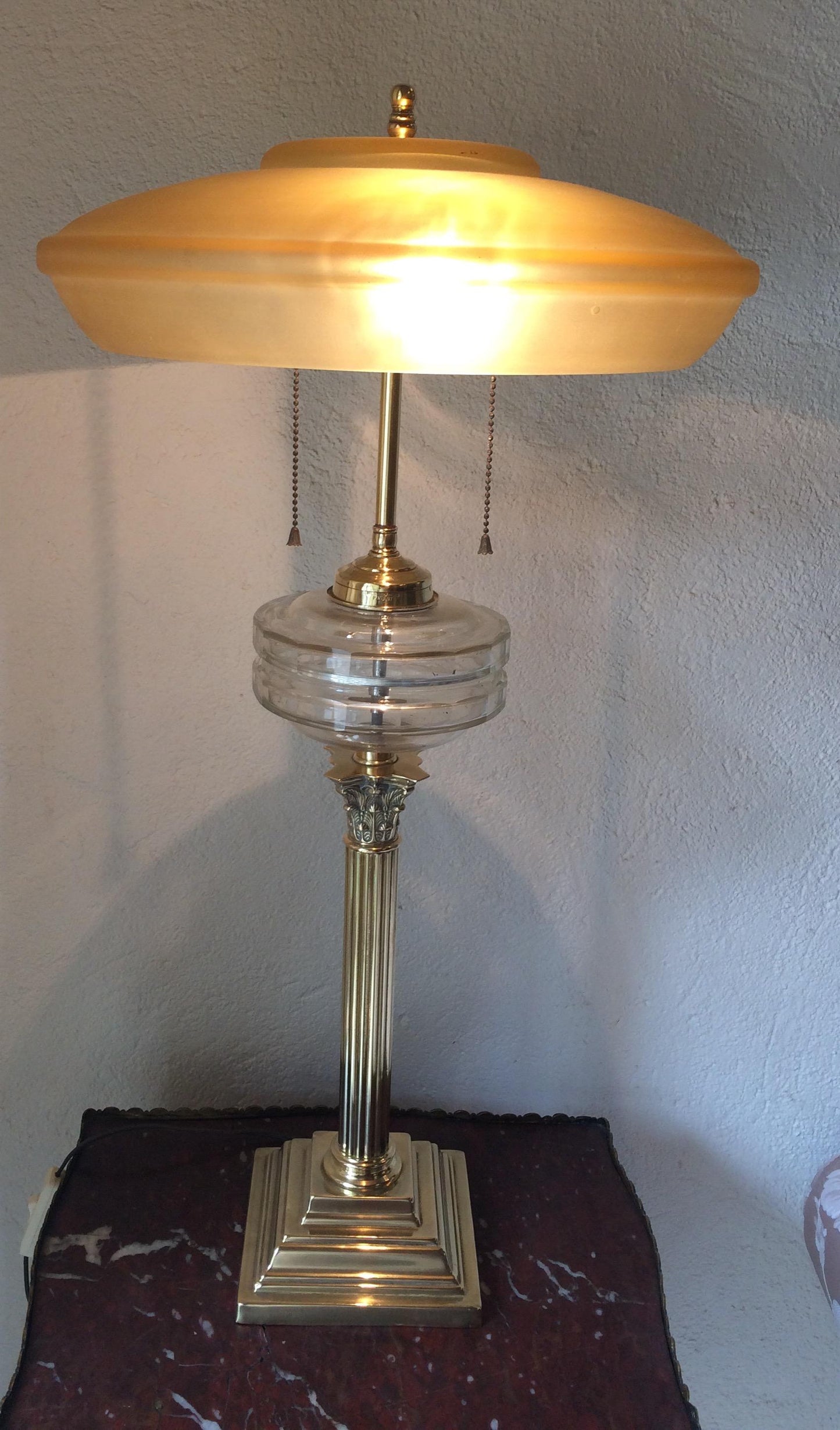Large Brass Antique English Oil Table Lamp by Samuel S. Messenger, Converted — detail 4