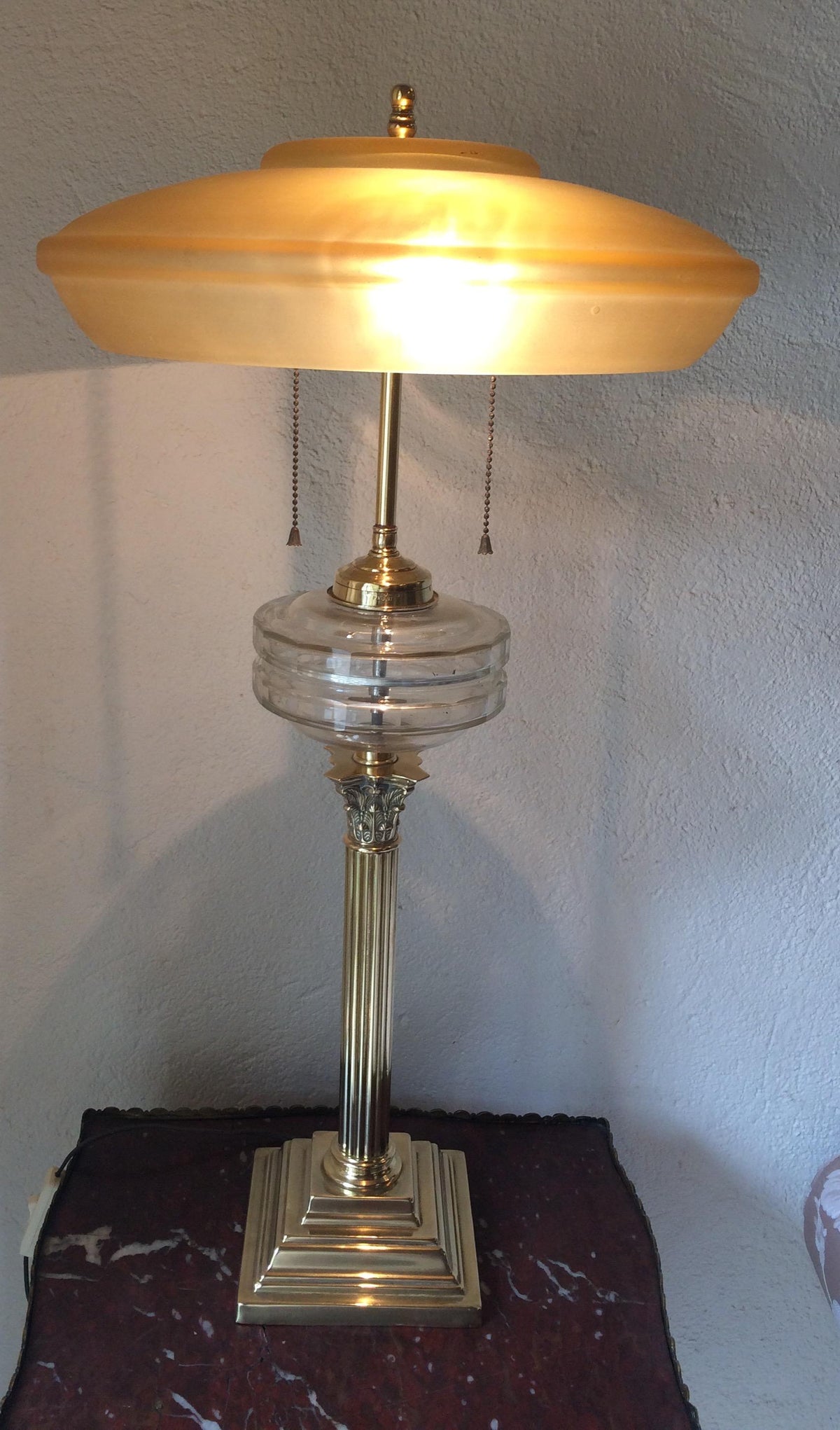 Large Brass Antique English Oil Table Lamp by Samuel S. Messenger, Converted — detail 4