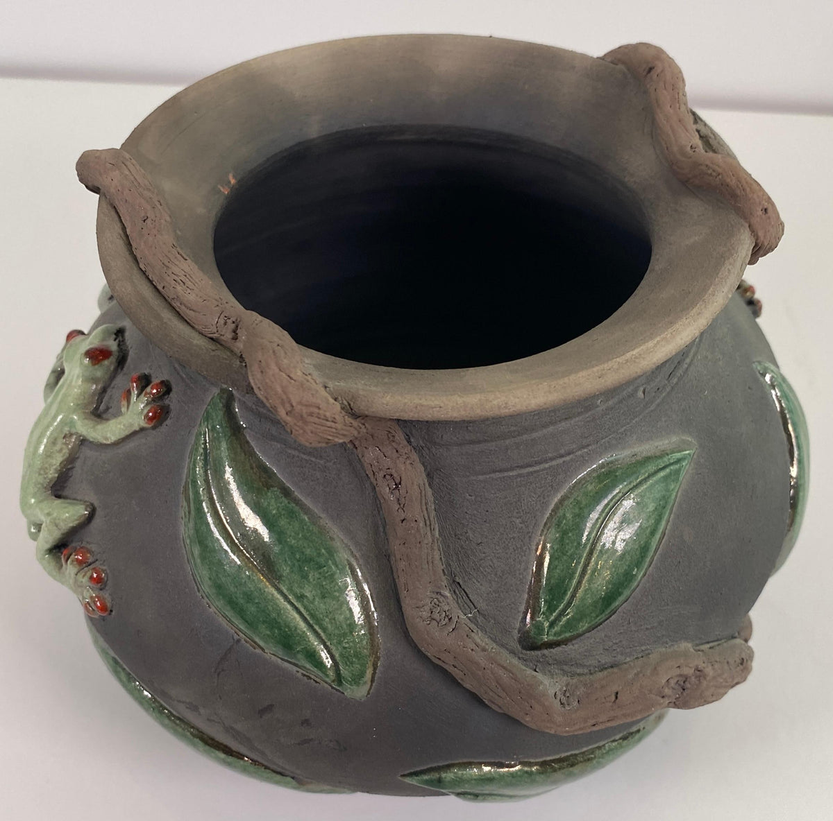 Signed Studio Pottery Vessel with Frog & Leaf Relief, Organic Ceramic Art Vase — detail 2