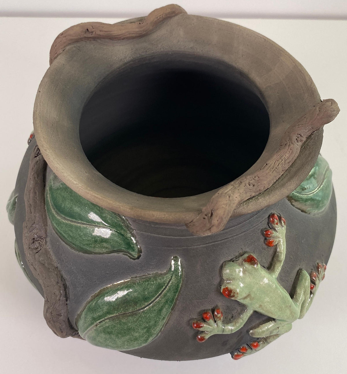 Signed Studio Pottery Vessel with Frog & Leaf Relief, Organic Ceramic Art Vase — detail 4