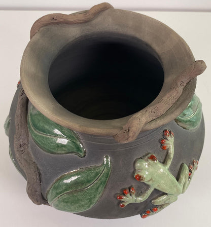 Signed Studio Pottery Vessel with Frog & Leaf Relief, Organic Ceramic Art Vase — detail 4