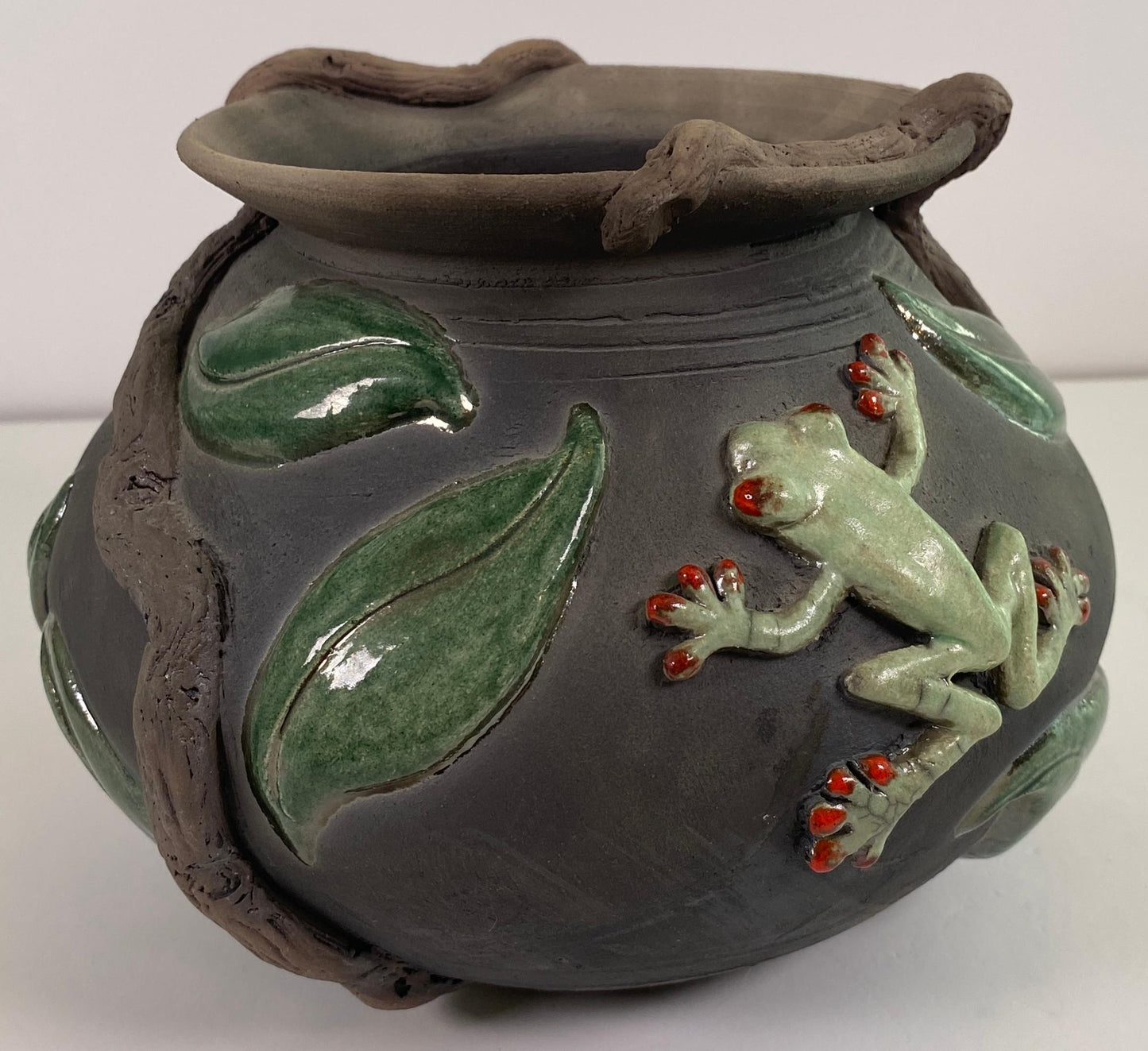 Signed Studio Pottery Vessel with Frog & Leaf Relief, Organic Ceramic Art Vase — detail 3