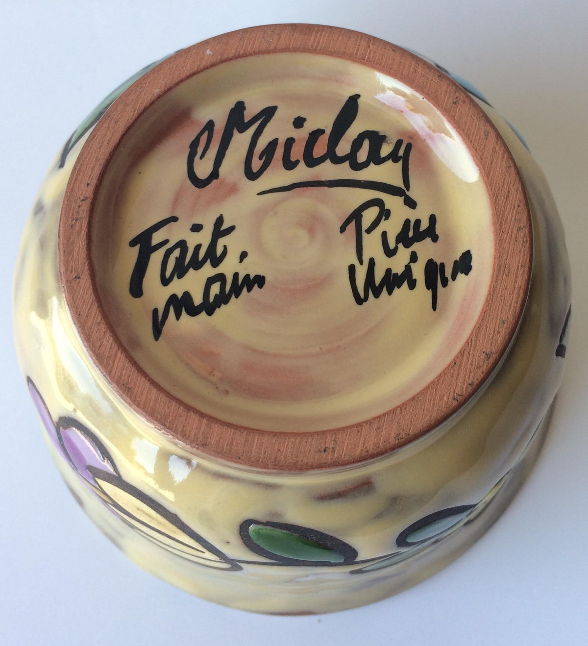 Midcentury Floral Designed Ceramic Bowl Signed Miclay — detail 7