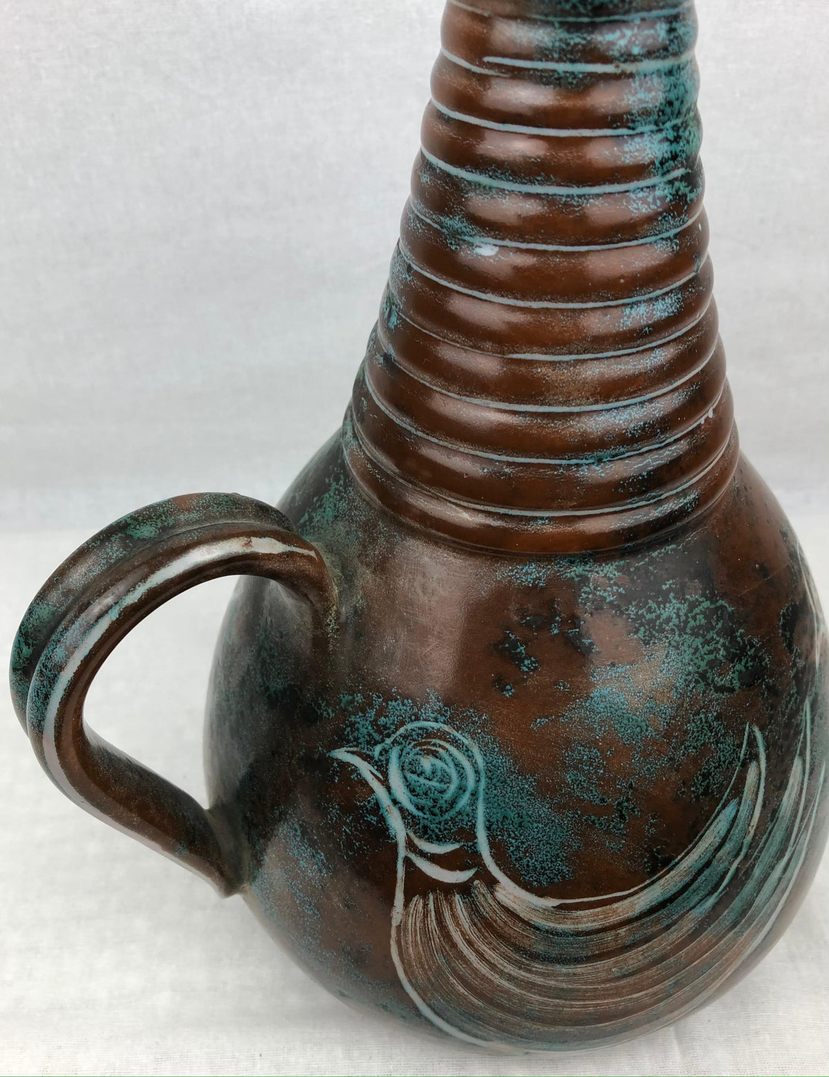 French Midcentury Glazed Ceramic Ewer-Form Vase, Signed Montgolfier — detail 4