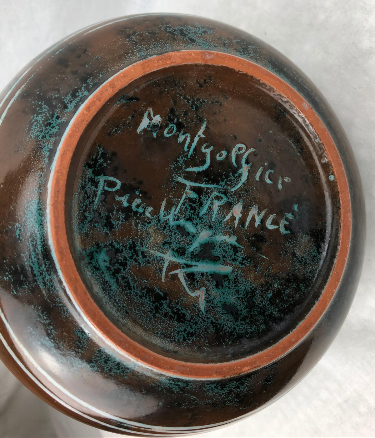 French Midcentury Glazed Ceramic Ewer-Form Vase, Signed Montgolfier — detail 2
