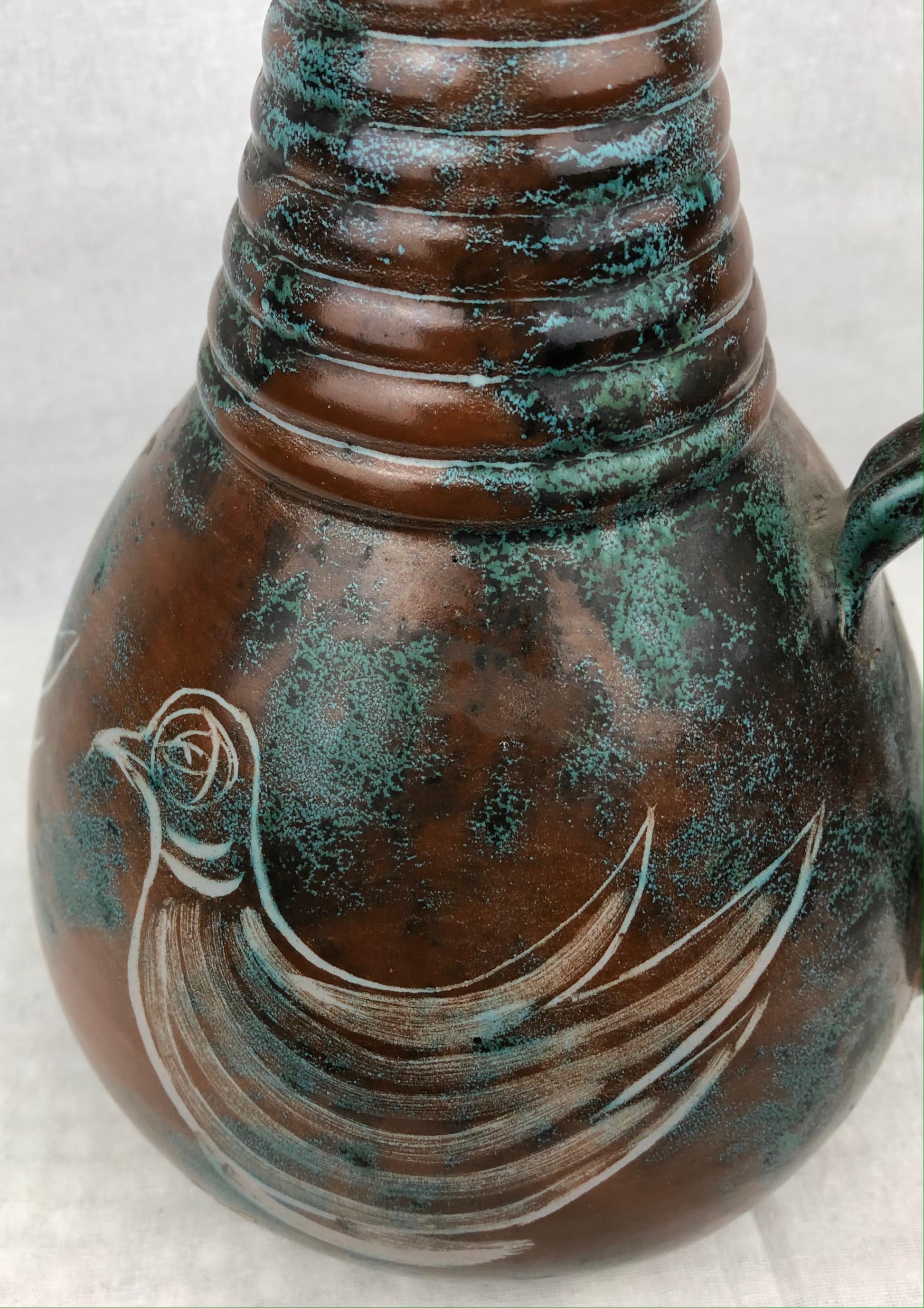 French Midcentury Glazed Ceramic Ewer-Form Vase, Signed Montgolfier — detail 3