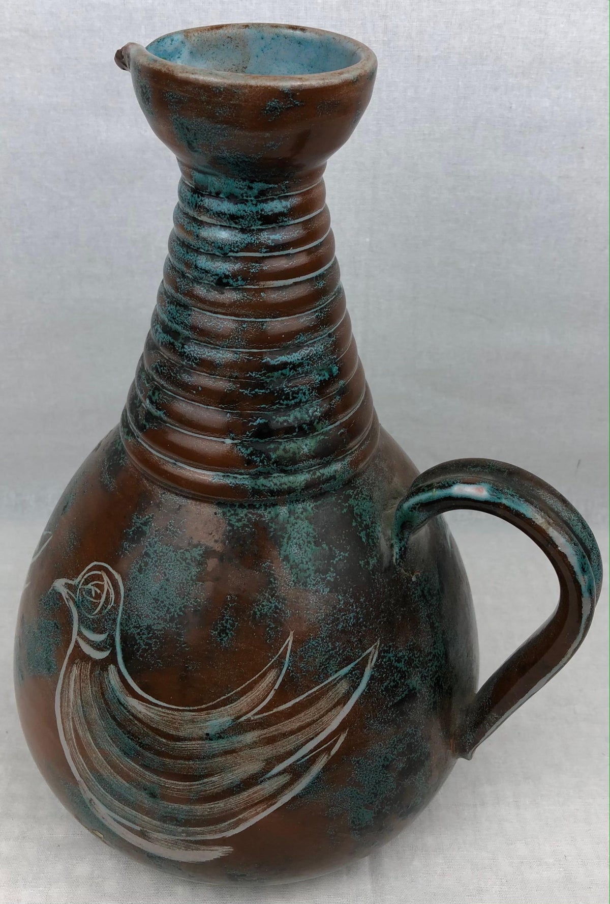 French Midcentury Glazed Ceramic Ewer-Form Vase, Signed Montgolfier — detail 7